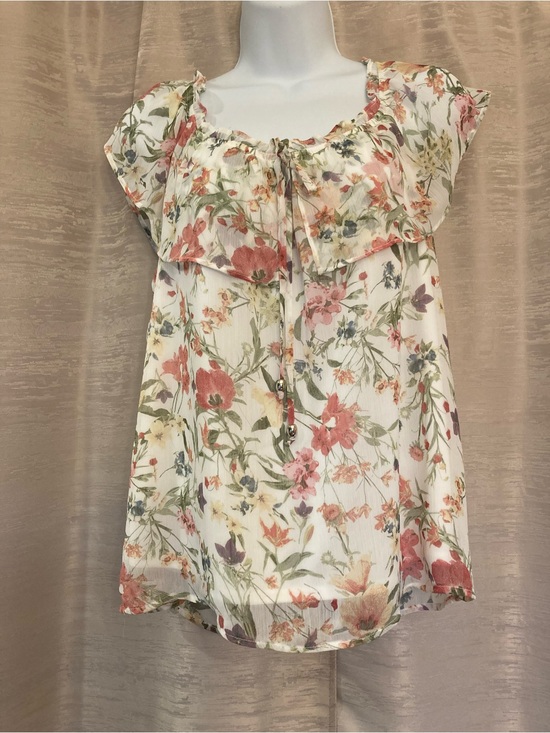 A. Byer Tops - A. Byer Floral Sheer Ruffle Tie-Neck Blouse size large
